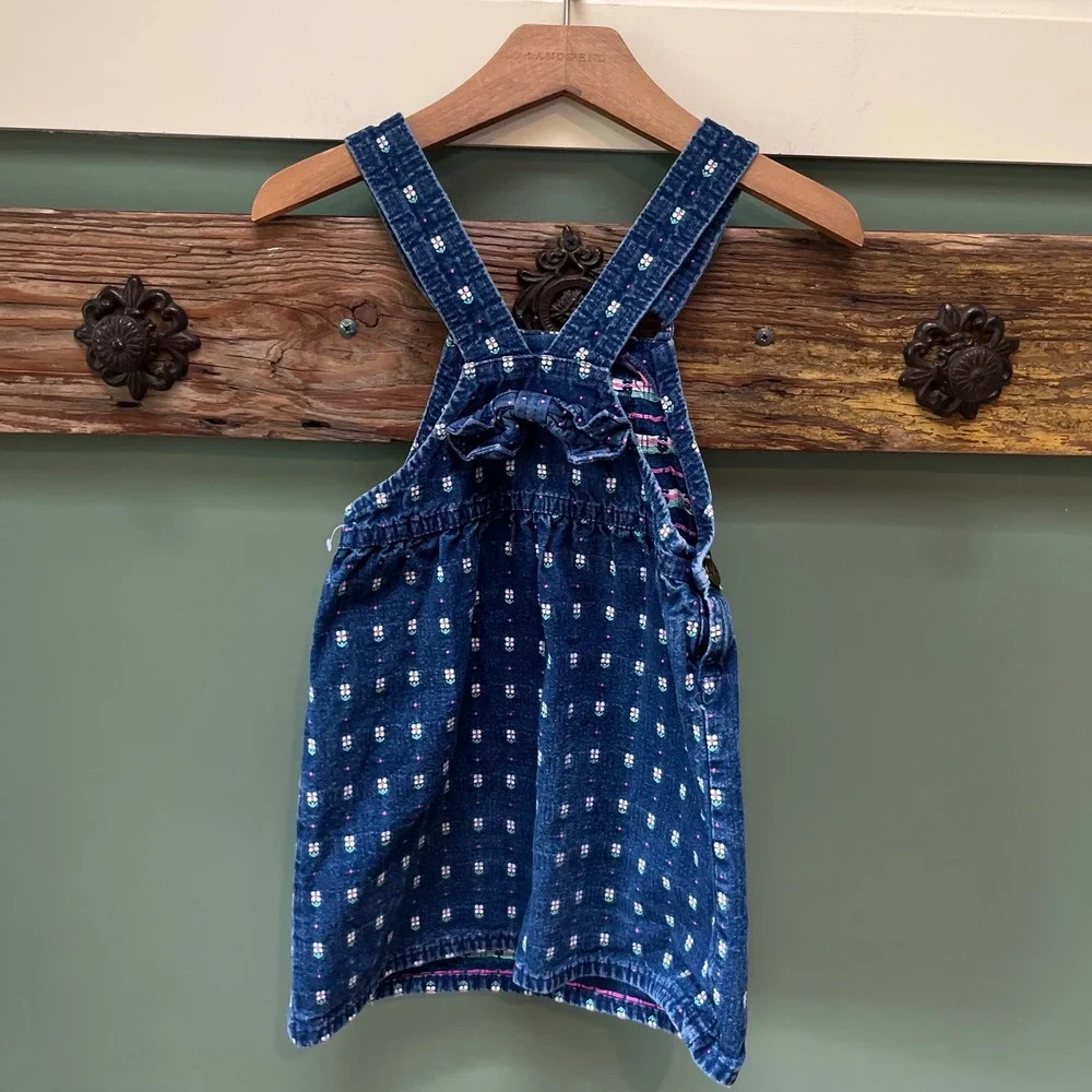Vintage OshKosh Bgosh Girls Blue Denim Floral Embroidered Overall Dress Size 5